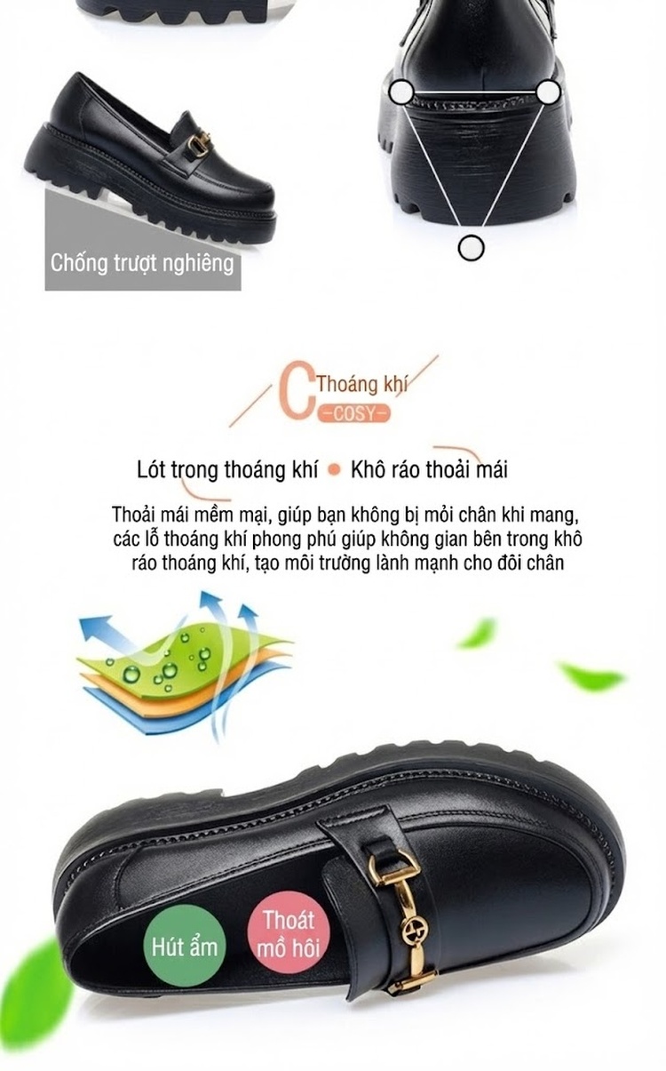 Giày Lười Nữ Da Bóng Đế Bánh Mì Chiều Cao Đế Khoảng 4cm Màu Đen chi tiết 3