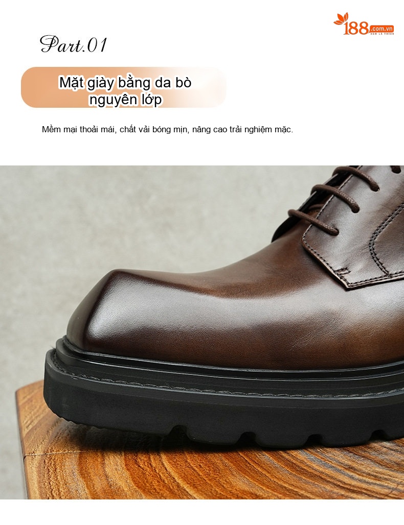 Giày Tây Buộc Dây Nam Da Thật Chiều Cao Đế Khoảng 4cm Phong Cách Anh Quốc Màu Đen, Nâu chi tiết 7