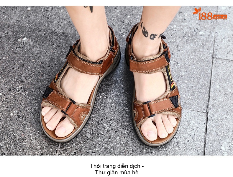 Dép Sandal Nam Da Thật Hở Ngón Thoáng Khí Chiều Cao Đế Khoảng 4cm Màu Nâu, Đen chi tiết 17