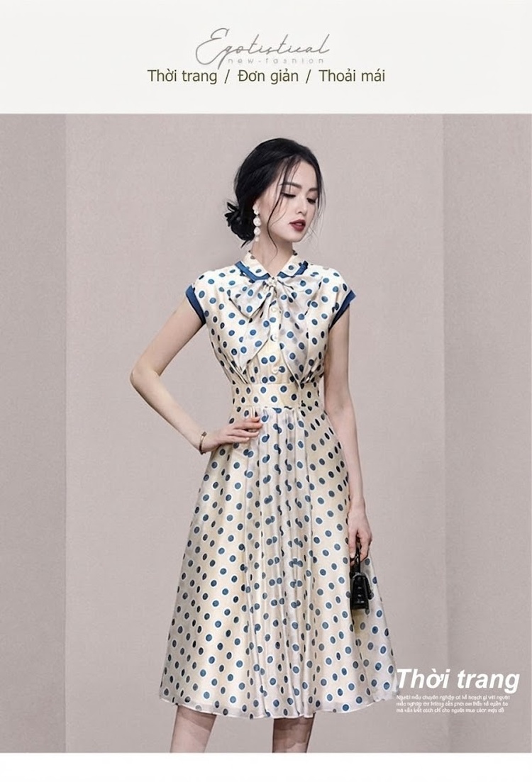 Váy Suông Nữ Cổ Búp Bê Họa Tiết Chấm Bi Thắt Nơ Kiểu Retro chi tiết 1