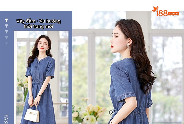 Váy Đầm Jean Nữ Tay Ngắn Dáng Chữ A Thắt Dây Eo Màu Xanh Jean chi tiết 7