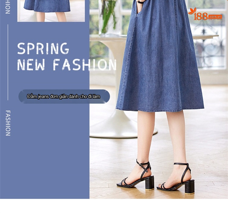 Váy Đầm Jean Nữ Tay Ngắn Dáng Chữ A Thắt Dây Eo Màu Xanh Jean chi tiết 8