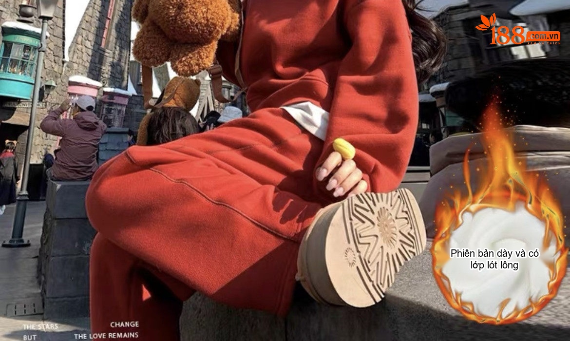 Bộ Đồ Thể Thao Nữ Dáng Rộng Áo Hoodie Quần Dài Lót Lông Màu Be, Đỏ