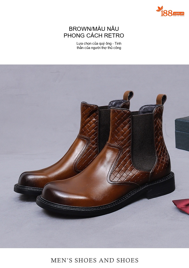 Giày Chelsea Boot Nam Da Bò Dập Vân Chiều Cao Đế Khoảng 3cm Màu Đen, Nâu chi tiết 12