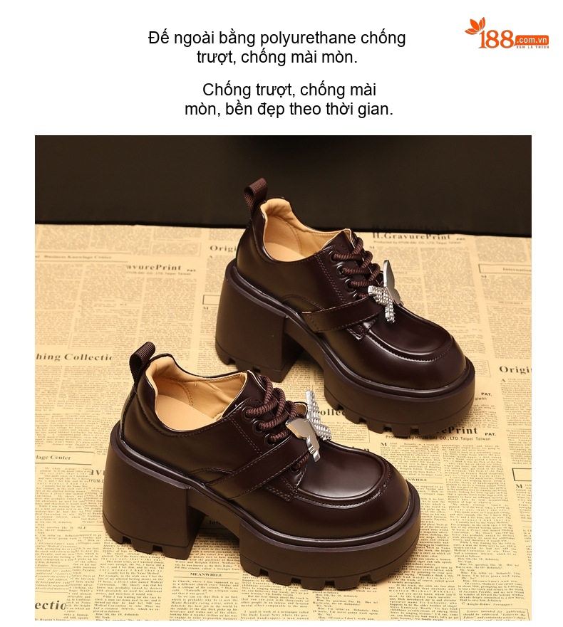 Giày Loafer Nữ Da Bóng Đế Cao Gót 8cm Màu Đen, Nâu chi tiết 12