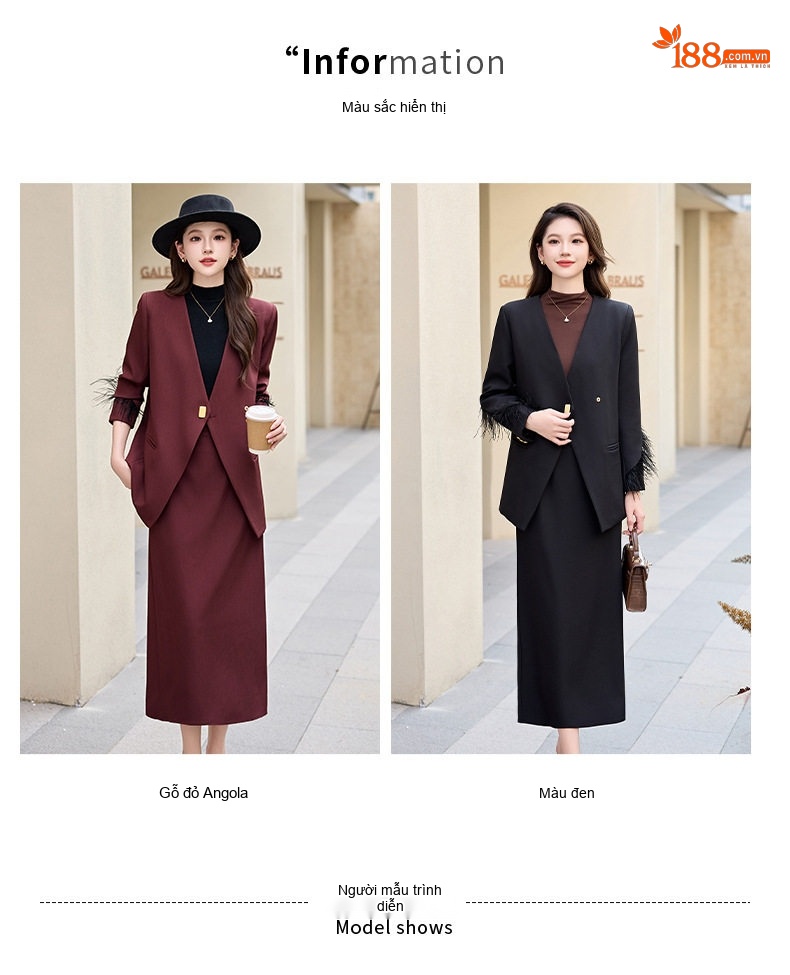 Set Áo Blazer Tay Lông và Chân Váy Nữ Phong Cách Hàn Quốc Màu Đỏ Rượu Vang, Đen chi tiết 12