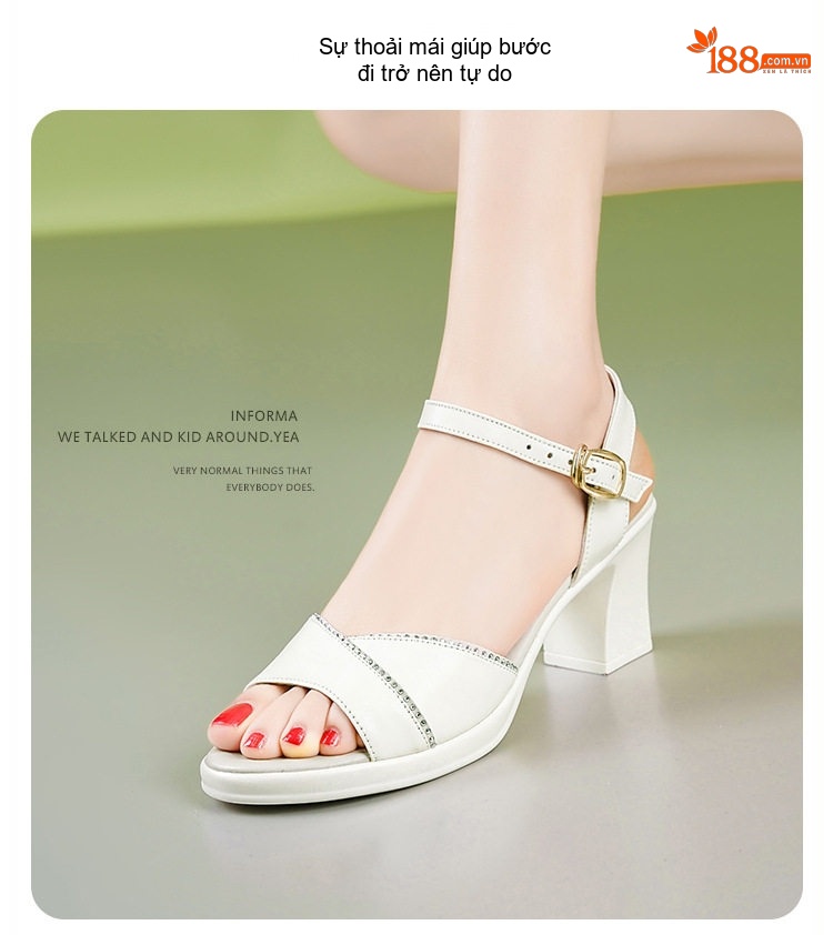Giày Sandal Cao Gót Nữ Quai Ngang Gót Vuông Da Mềm Gót Cao 7cm - 8cm Màu Đen, Trắng chi tiết 7