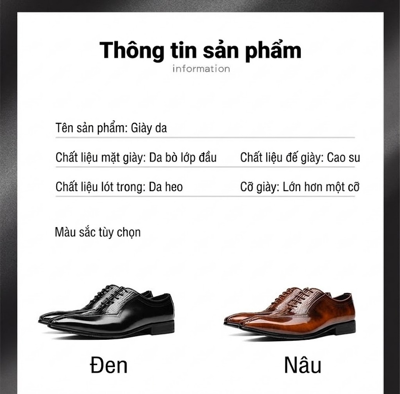Giày Tây Buộc Dây Nam Da Bò Dập Vân Cá Sấu Chiều Cao Đế Khoảng 3cm Màu Nâu, Đen chi tiết 5