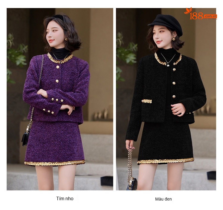 Set Áo Khoác Lửng Chân Váy Ngắn Tiểu Thư Phong Cách Tiểu Hương Thời Trang Thu Đông Màu Đen, Tím chi tiết 17