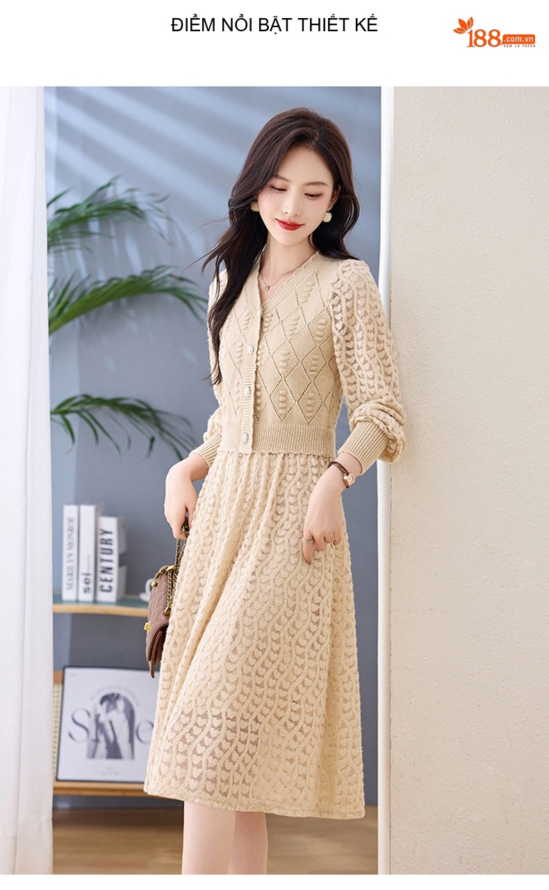 Váy Dệt Kim Nữ Cổ chữ V Đính Cúc Ngọc Trai Phối Ren Phong Cách Quý Cô Màu Be, Đen, Hồng chi tiết 8