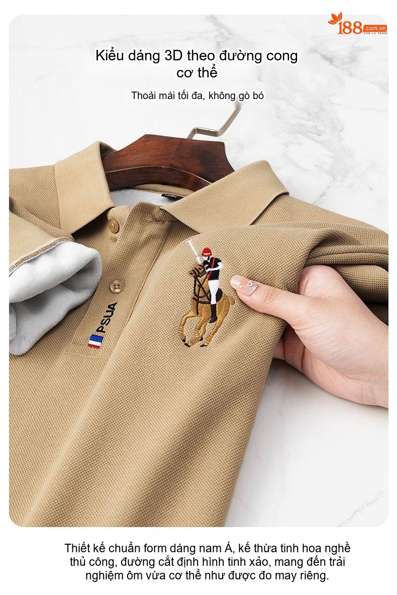 Áo Polo Nam Tay Dài Cotton Lót Lông Cừu Màu Xanh Dương, Xanh Navy, Kem, Xanh Lá chi tiết 6