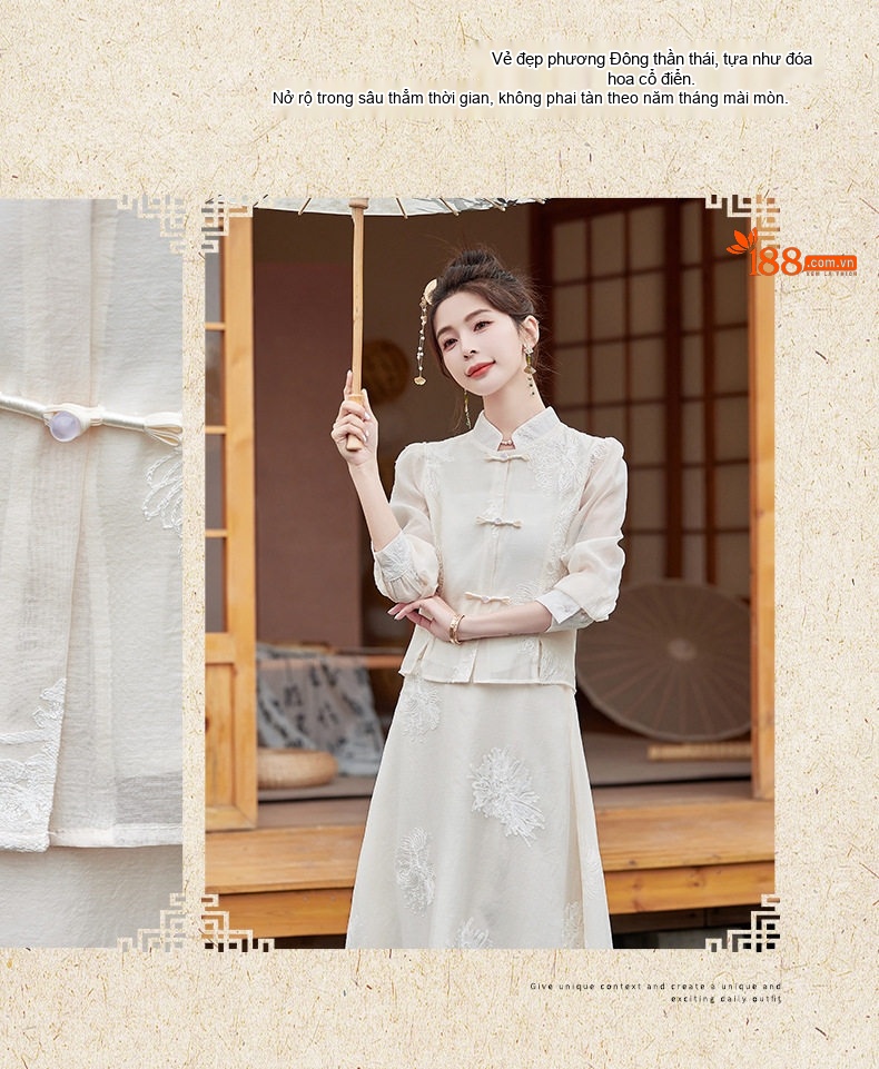 Set Áo Và Chân Váy Hán Phục Cách Tân Phong Cách Trung Hoa Cổ Điển Thanh Lịch Màu Kem chi tiết 4