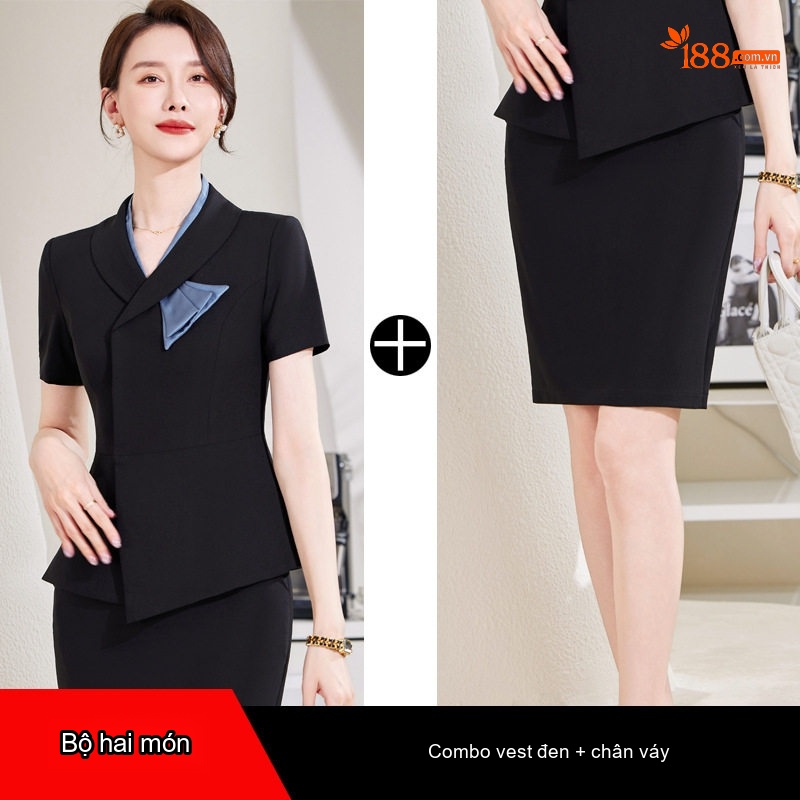 Set Bộ Vest Công Sở Nữ Tay Ngắn Thiết Kế Thanh Lịch Màu Đen, Xanh Navy