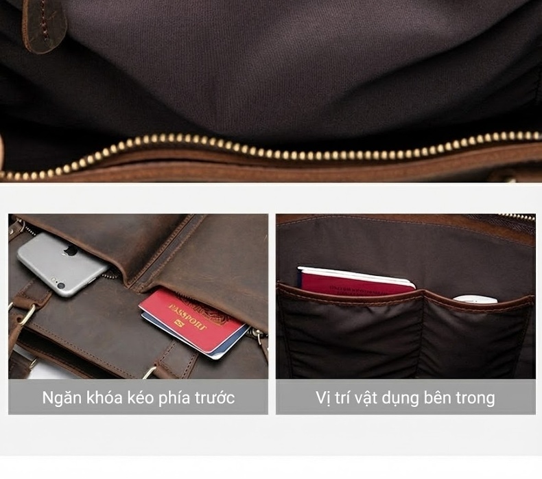 Cặp Công Sở Nam Da Bò Sáp Thủ Công Vintage Đựng Laptop Có Dây Đeo Màu Nâu chi tiết 11