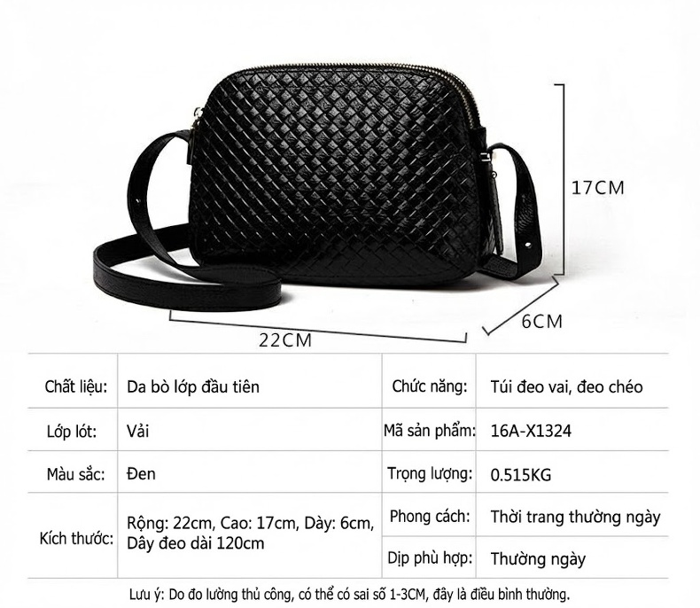 Túi Đeo Vai/Đeo Chéo Nữ Da Bò Dệt Nhiều Lớp Màu Đen chi tiết 7