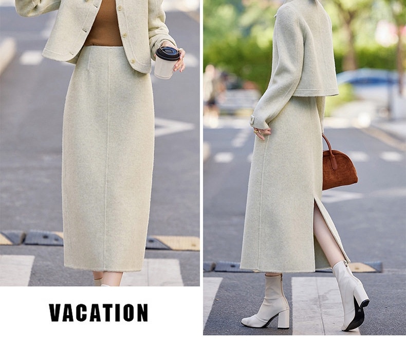 Set Áo Khoác Lửng Nữ và Chân Váy Bút Chì Vải Lông Cừu Hai Mặt Phong Cách Hàn Quốc Màu Nâu, Xám, Kem chi tiết 28