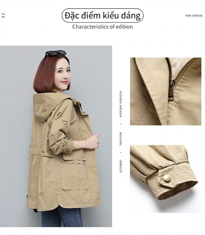 Áo Khoác Gió Nữ Dáng Dài Vừa Phong Cách Casual Thu Đông Màu Kaki, Xanh Olive chi tiết 3