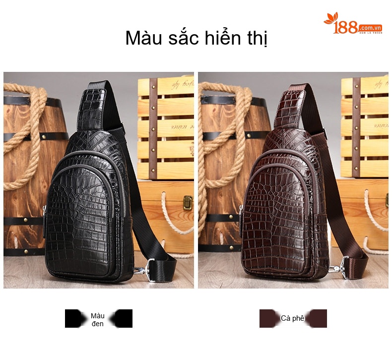 Túi Đeo Ngực Nam Da Bò Vân Cá Sấu Thời Trang Đeo Chéo Vai Màu Đen, Nâu chi tiết 2