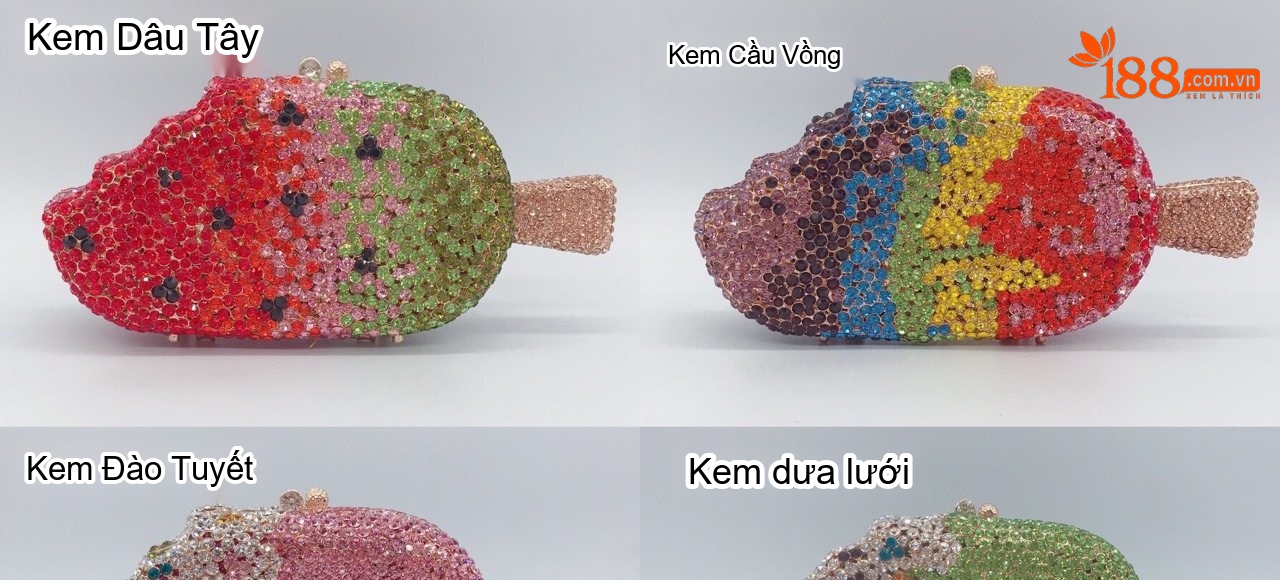 Túi Xách Nữ Hình Que Kem Đính Đá Lấp Lánh Dự Tiệc Sang Trọng Màu Đỏ, Hồng, Xanh Lá, Nâu... chi tiết 1