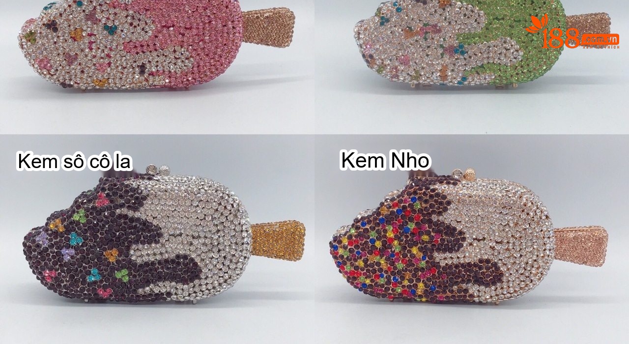 Túi Xách Nữ Hình Que Kem Đính Đá Lấp Lánh Dự Tiệc Sang Trọng Màu Đỏ, Hồng, Xanh Lá, Nâu... chi tiết 2