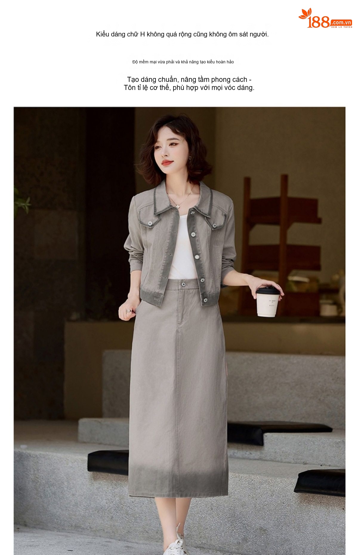 Set Áo Khoác Lửng Tay Ngắn và Chân Váy Bò Dáng Dài Thanh Lịch chi tiết 7