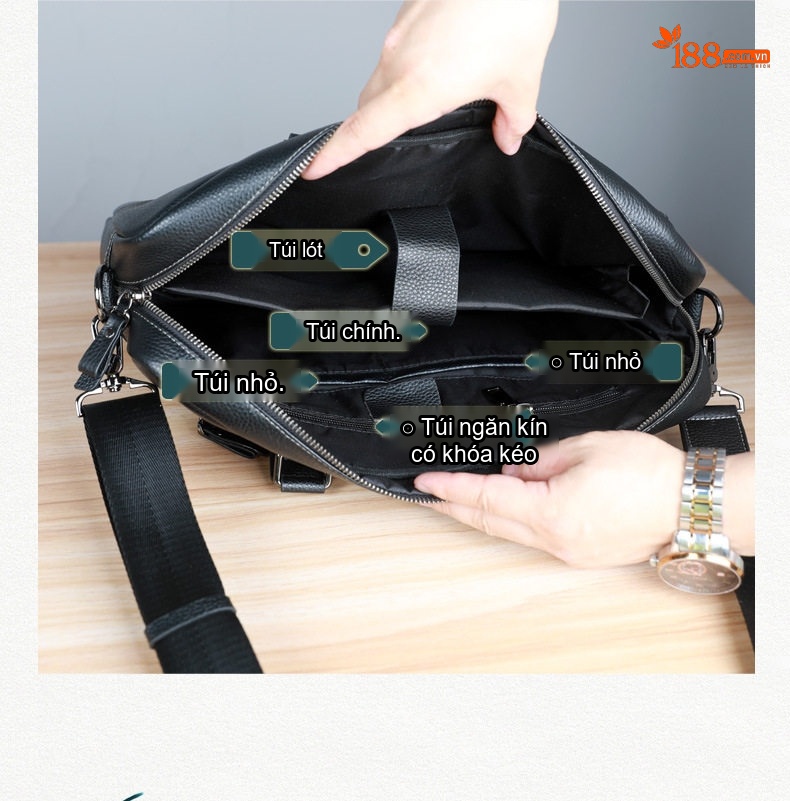 Cặp Túi Xách Công Sở Nam Da Bò Lớp Đầu Đựng Laptop, Túi Đeo Chéo Đựng Tài Liệu Màu Đen chi tiết 12