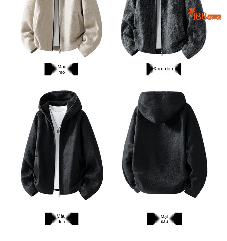 Áo Khoác Lông Cừu Non Có Mũ Trùm Đầu Dáng Rộng Unisex Màu Kem, Xám, Đen chi tiết 7