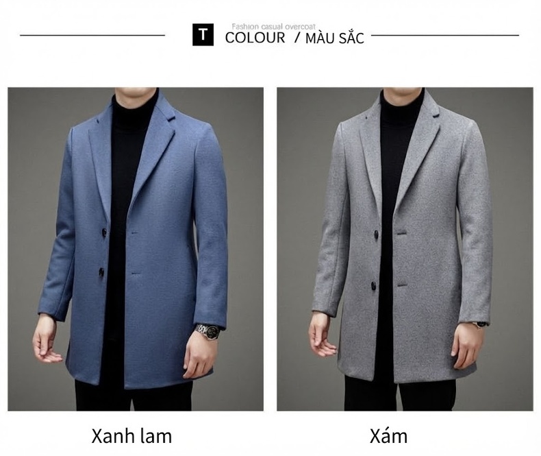 Áo Khoác Dạ Nam Dáng Ôm Dài Vừa Vải Dạ Dày Dặn Màu Đen, Xám, Xanh Navy, Xanh Da Trời chi tiết 7