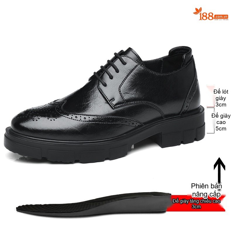 Giày Tây Buộc Dây Nam Da Bò Chiều Cao Đế 8cm Phong Cách Anh Quốc Màu Đen