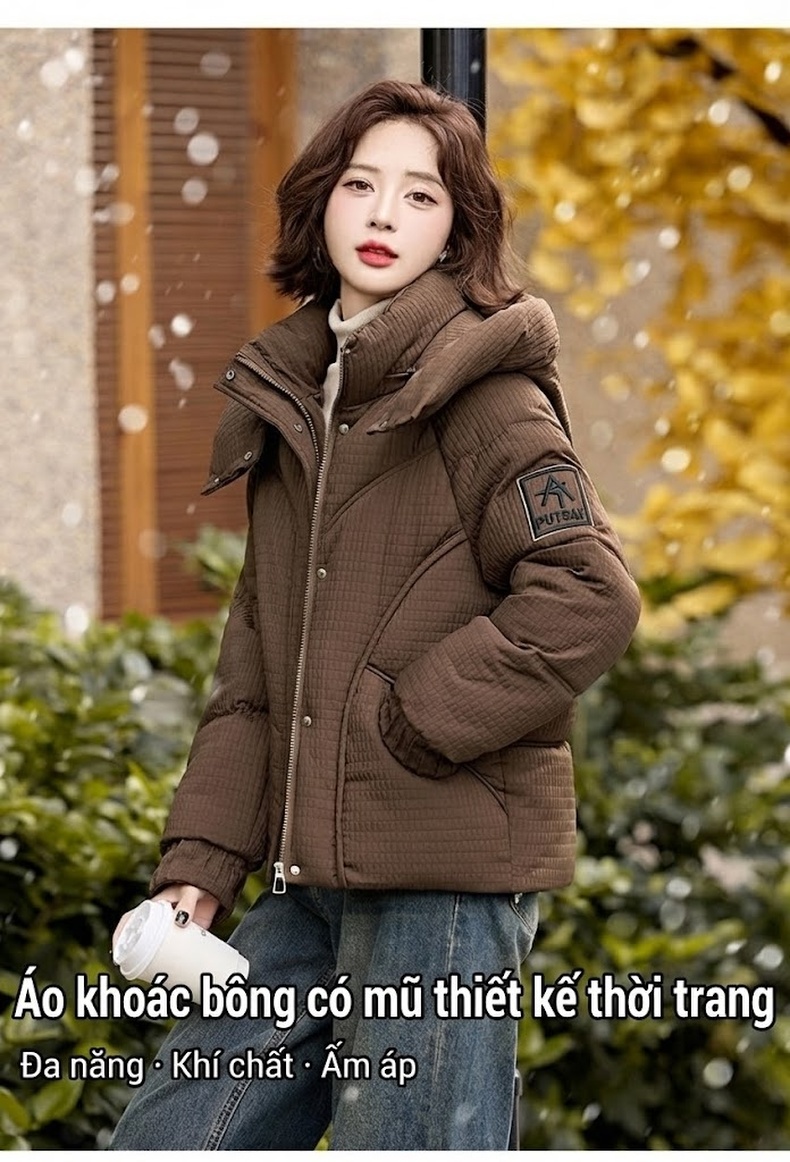 Áo Khoác Phao Nữ Dáng Ngắn Cotton Dày Dặn Giữ Ấm Cổ Cao Có Mũ Trùm Đầu Màu Nâu, Đen chi tiết 3
