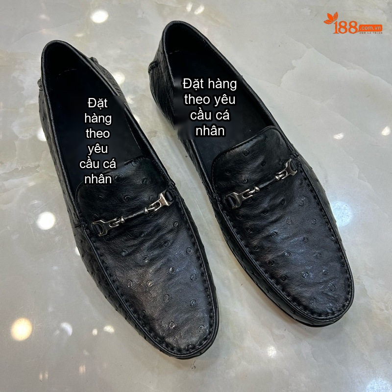 Giày Lười Nam Da Đà Điểu Chiều Cao Đế Khoảng 2cm Màu Đen