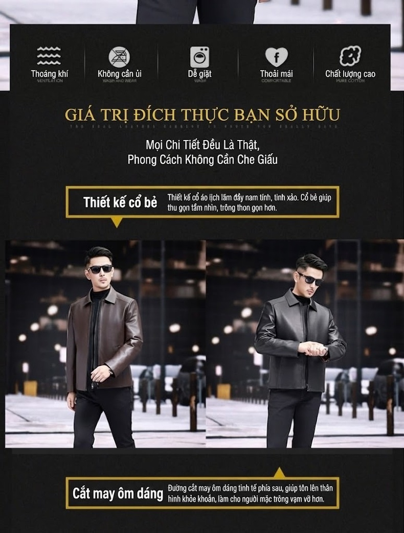 Áo Khoác Da Nam Da Cừu Lót Trong Tháo Rời Cổ Bẻ Màu Đen, Nâu chi tiết 2