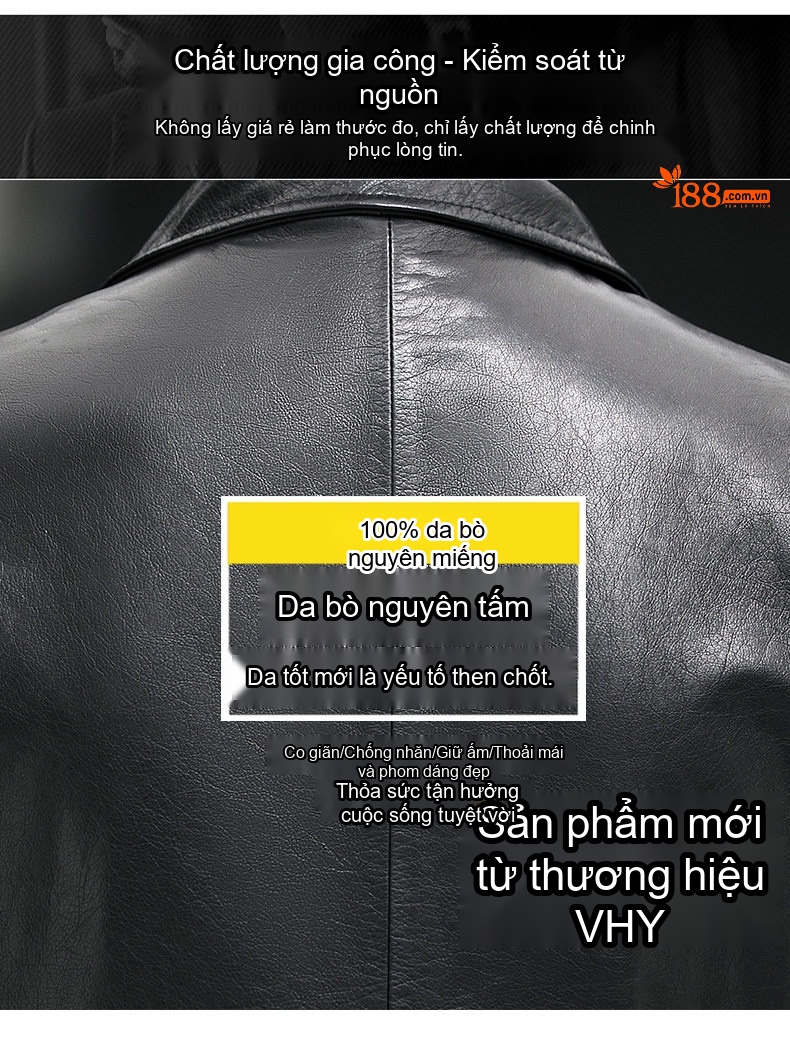 Áo Khoác Da Bò Nam Dáng Vest Tây Khóa Cài Phong Cách Hải Ninh Màu Đen chi tiết 6
