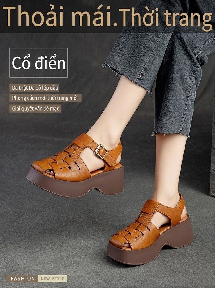 Dép Sandal Nữ Da Mờ Quai Hậu Đế Xuồng Đế Cao 5cm - 6cm Màu Nâu, Kem chi tiết 1