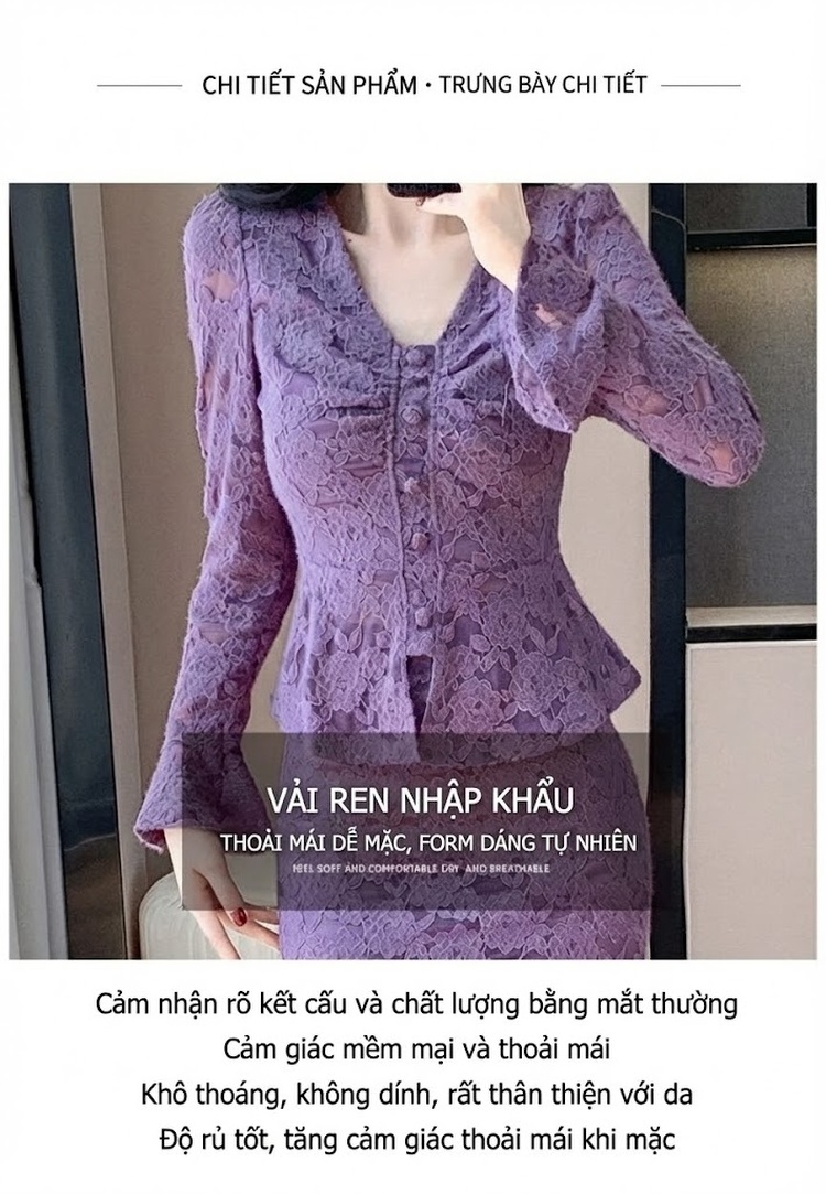Set Bộ Áo Tay Loe Cổ chữ V Chân Váy Đuôi Cá Ren Nữ Tính Màu Đen, Tím chi tiết 4