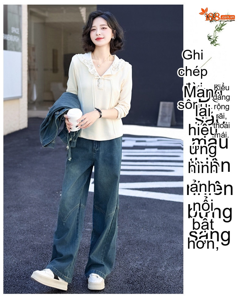 Set Bộ Quần Áo Nữ Phong Cách Trung Hoa Áo Khoác Lửng Quần Ống Rộng Jeans Xanh chi tiết 14