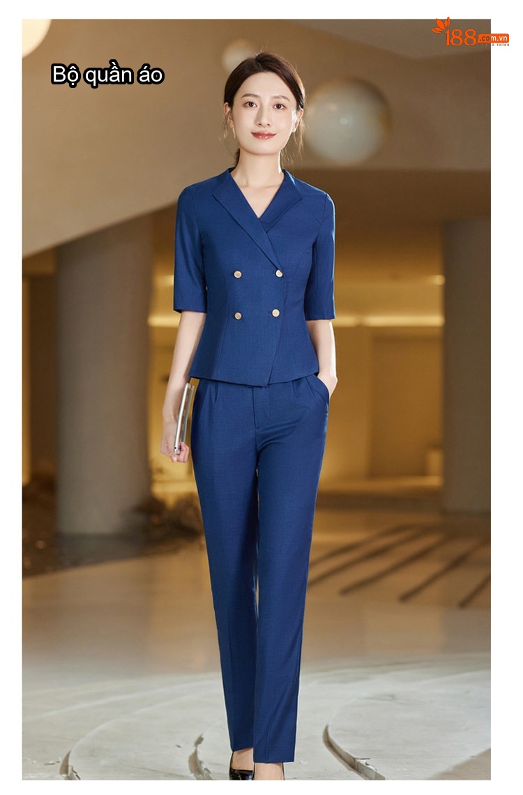 Bộ Quần Áo Công Sở Nữ Tay Ngắn Cổ chữ Vest Phong Cách Lao Feng Xiang Màu Xanh Navy chi tiết 16