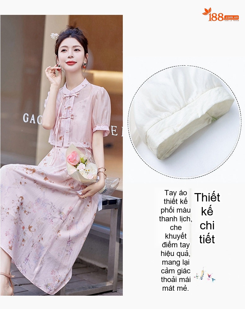 Váy Bộ Quốc Phong Trung Hoa Cách Tân Nữ Thiết Kế Khóa Cài Thanh Lịch Phong Cách Nhỏ Nhắn Màu Trắng, Hồng chi tiết 9