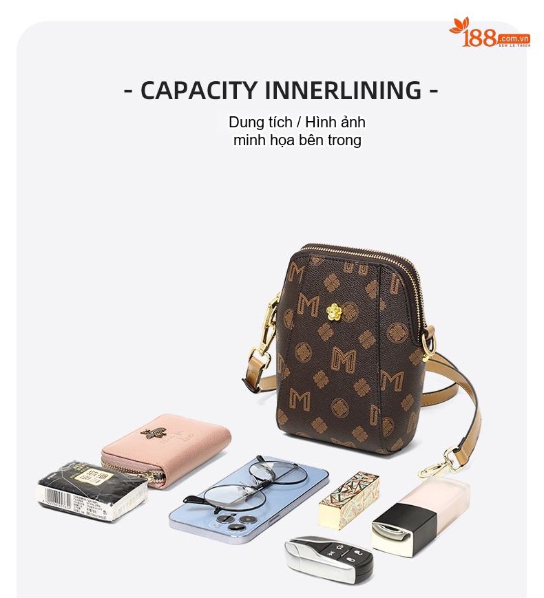 Túi Đeo Chéo Nữ Mini Nhỏ Gọn Họa Tiết Chữ Màu Nâu chi tiết 6