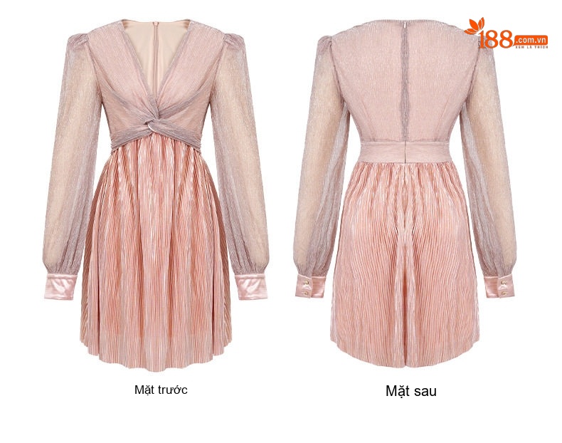 Váy Ngắn Nữ Cổ chữ V Tay Dài Lưng Cao Dáng Chữ A Chất Lưới Màu Xanh, Hồng chi tiết 6