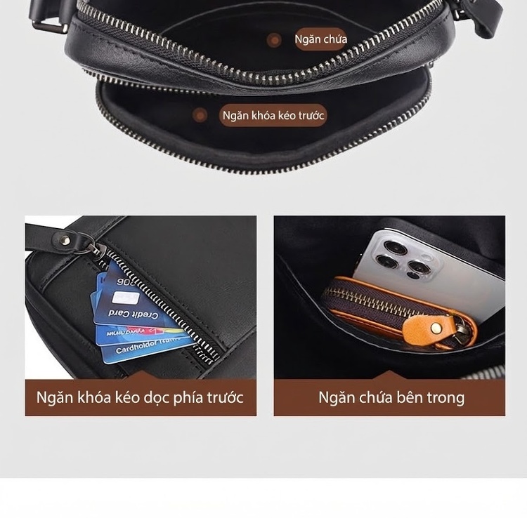 Túi Đeo Chéo Nam Da Bò Nhỏ Gọn Tiện Lợi Màu Đen chi tiết 5