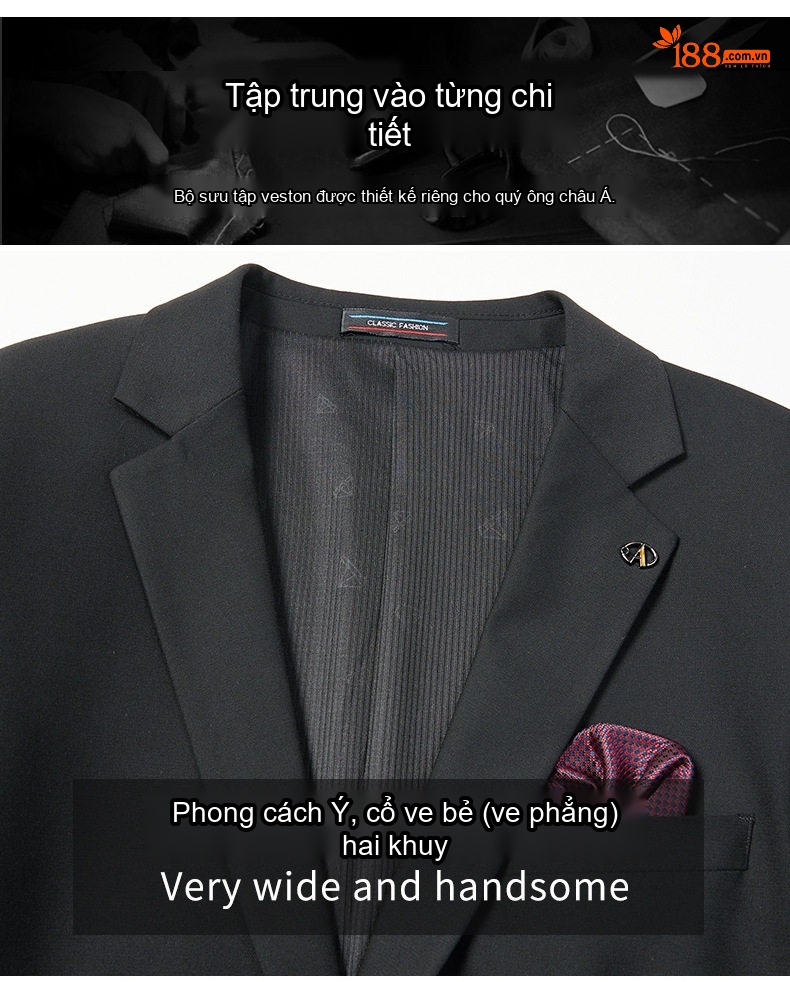 Bộ Vest Nam Áo Blazer Xẻ Tà Hai Bên Màu Đen chi tiết 8