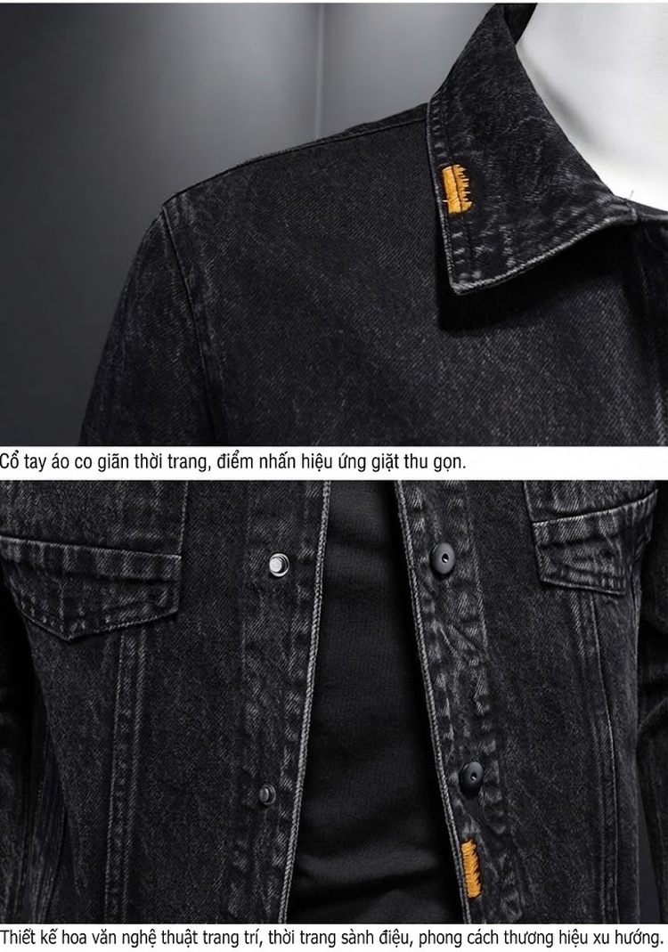 Áo Khoác Jeans Nam Cổ Bẻ Dáng Ôm Vừa Vải Denim Giặt Màu Đen chi tiết 8