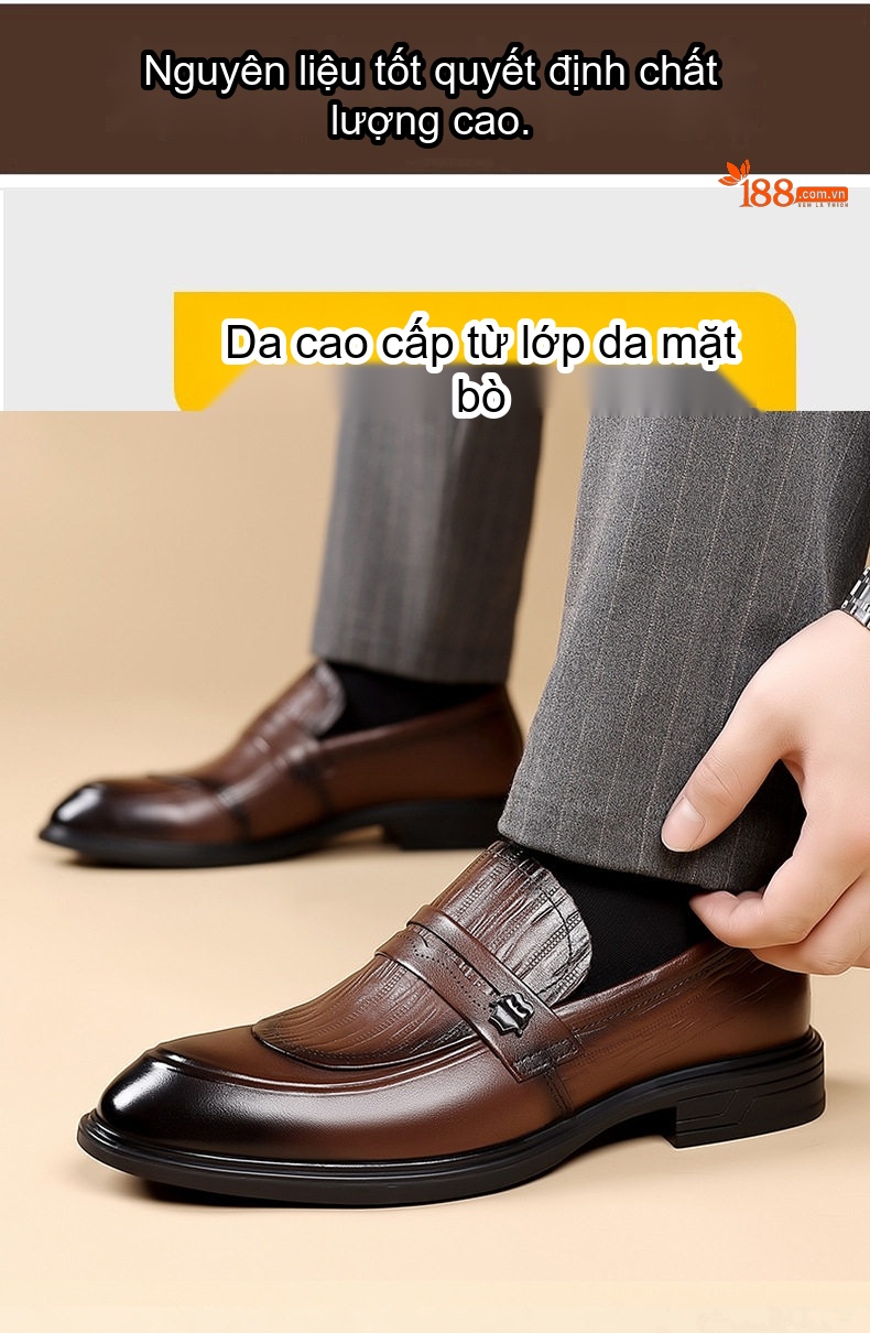 Giày Lười Nam Da Bò Mũi Nhọn Chiều Cao Đế Khoảng 3cm Màu Đen, Nâu chi tiết 8