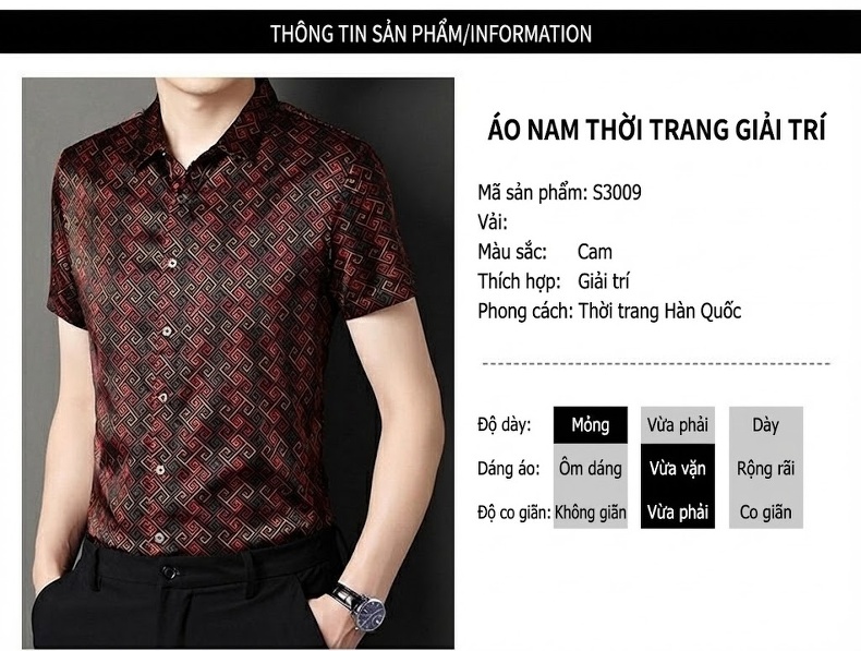 Áo Sơ Mi Nam Tay Ngắn Lụa Tằm Cao Cấp Họa Tiết In Nổi Chống Nhăn Màu Đỏ Đen chi tiết 4