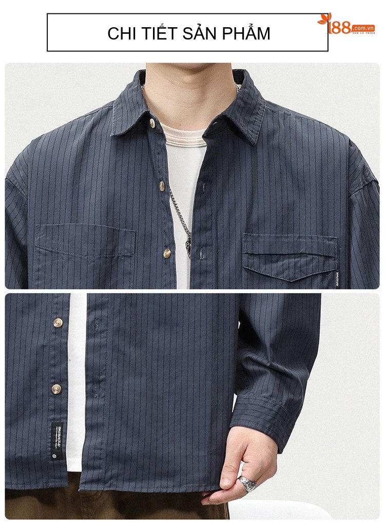 Áo Sơ Mi Nam Tay Dài Kẻ Sọc Retro Dáng Rộng Phong Cách Công Sở Màu Xanh Navy, Nâu, Kem chi tiết 13