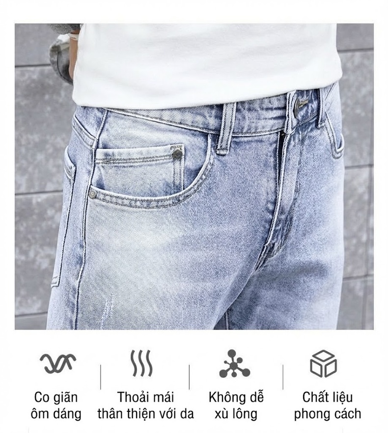 Quần Jean Nam Dáng Slim Fit Ống Lửng Phong Cách Casual Màu Xanh chi tiết 28