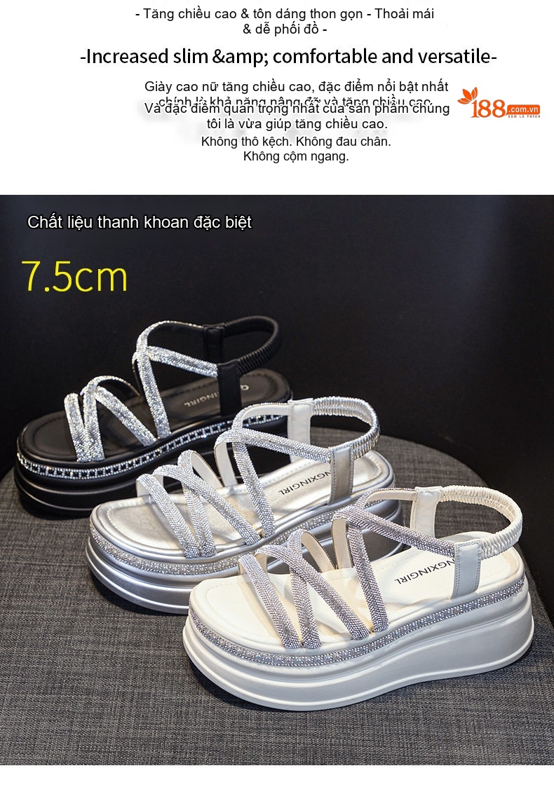 Dép Sandal Nữ Quai Ngang Đính Đá Đế Cao 4cm - 5cm Màu Trắng, Đen, Bạc chi tiết 2