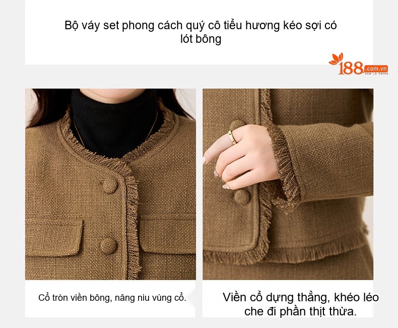 Set Áo Khoác Lửng Tay Dài Cổ Tròn và Chân Váy Midi A Line Trám Bông Dày Dặn Màu Nâu, Đỏ chi tiết 12