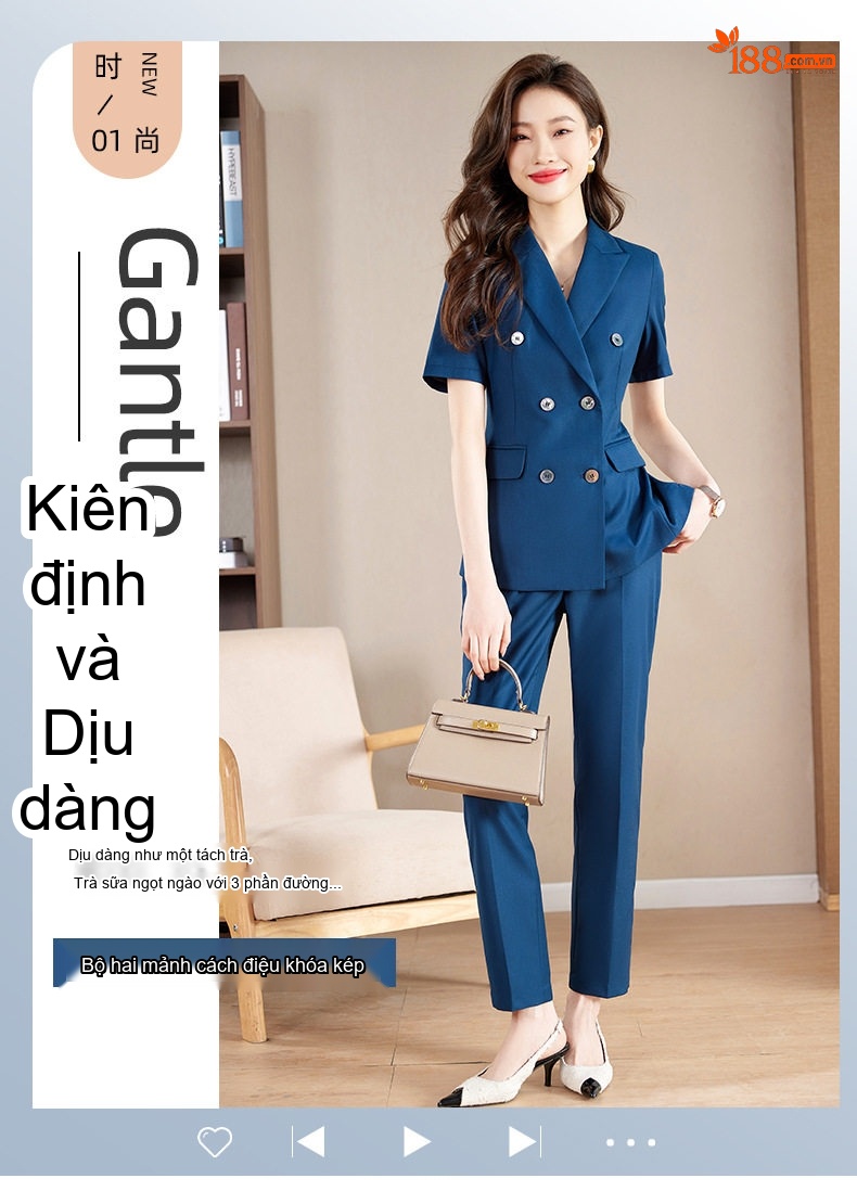 Bộ Vest Công Sở Nữ Tay Ngắn Mỏng Nhẹ Màu Xám, Xanh Than chi tiết 2